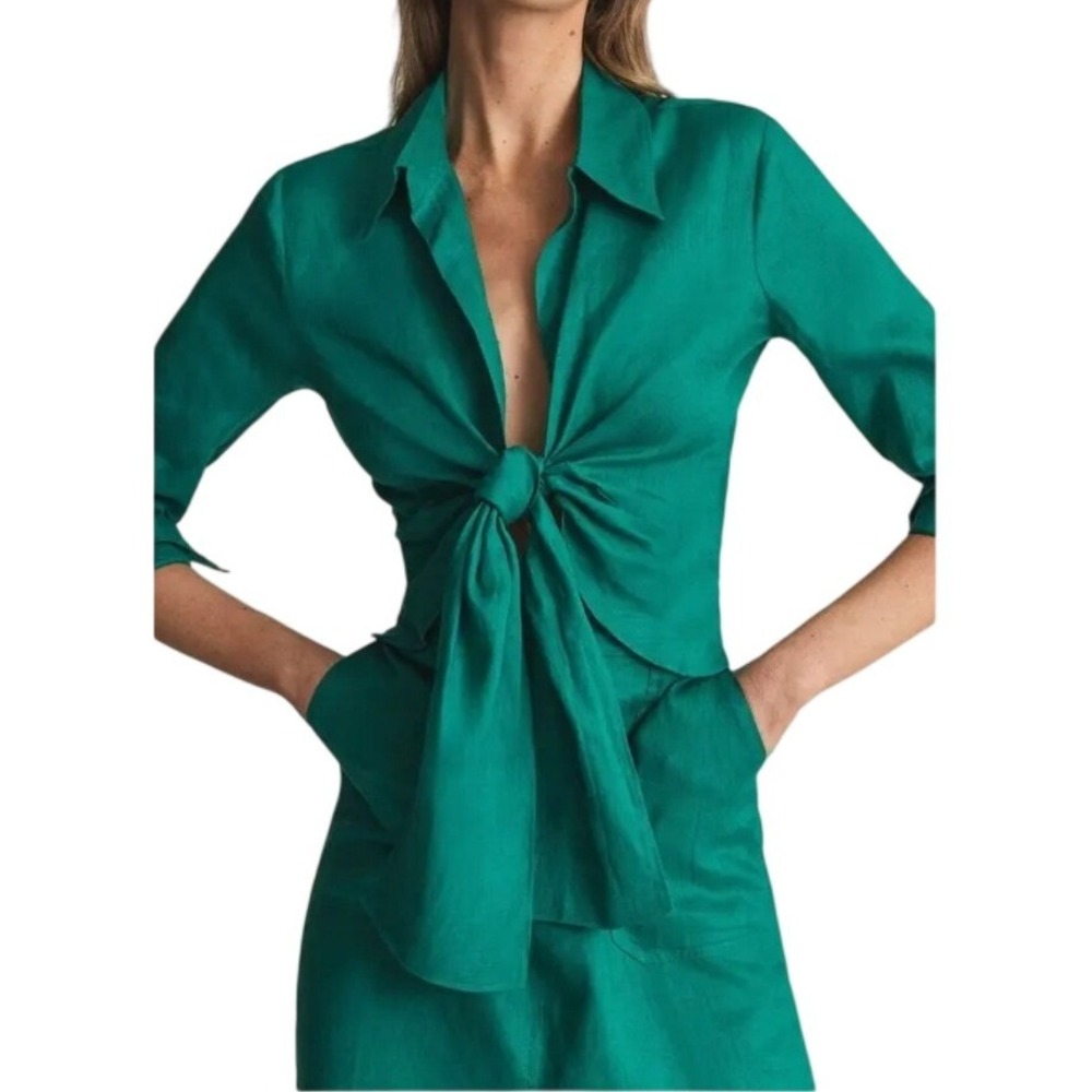 Reiss Corrine Linen Cropped Tie Front Shirt Womens 6 Emerald Green Blouse